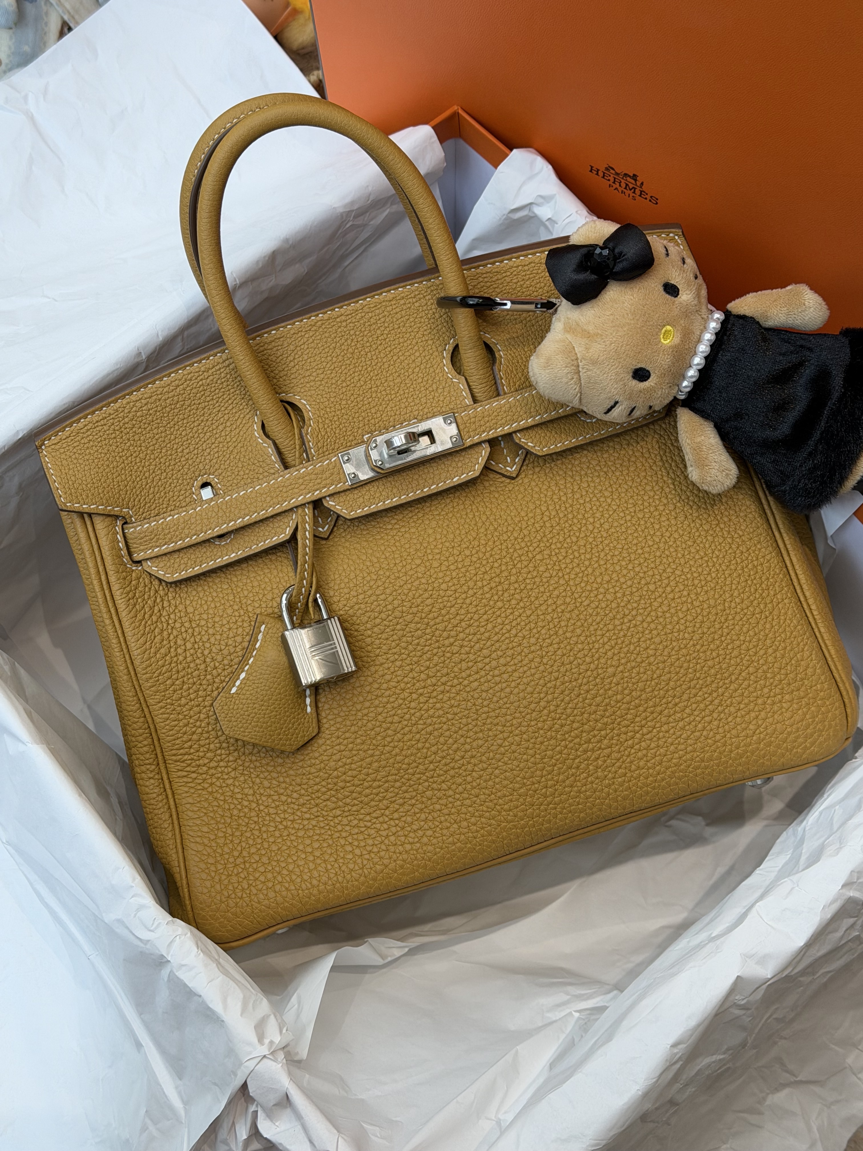 爱马仕 Birkin25 自然沙色 W刻 24年 附件：票 毛毡 小册子 锁钥匙 盒子